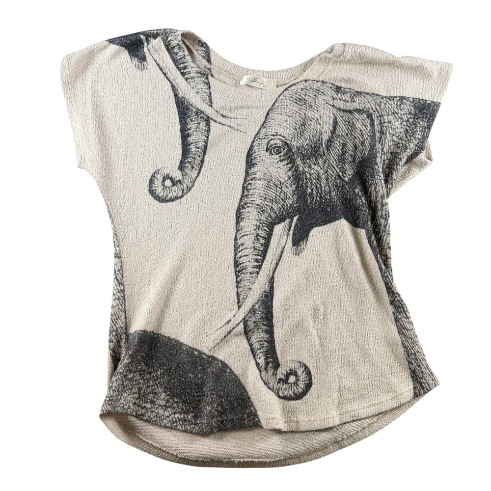 Gaze USA Elephant Graphic Knit Top Large Tan Gray Short Sleeve Scoop Neck